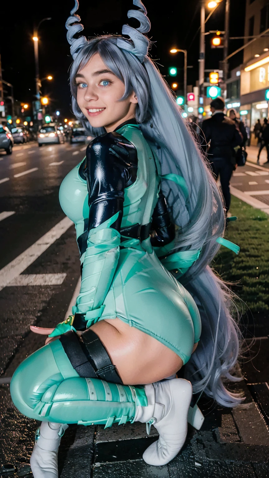 Masterpiece, Best quality, (photorealistic1.4), (UHD), (big breast), (flashphoto), (flash photography), (cleavage), (European model), (young woman), (JenniferConnelly90), (Tokyo Street), (epiCRealLife:1.0), (night time), (Nejire latex bodysuit), 1girl, solo, long hair, blue eyes, (blue hair), (hair bangs), (drill hair, twin drills), (Nejire Hairstyle), hair horns, very long hair , light blue hair, (Nejire Yellow gloves), (look at viewers), (Nejire light smile), (kneeling poses) (from behind)