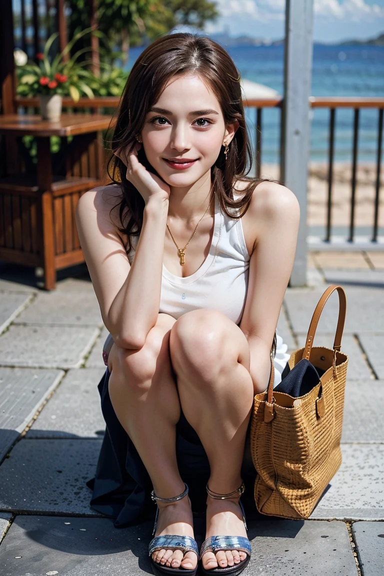 (Preserve face images), Pale face:1.3、Super thin face:1.3, (very big eyes:1.5)、 (blown eyes:1.5), master piece、Golden Ratio、8k, {highest quality}, {{masterpiece}}, {very delicate and beautiful}, outstanding light and shadow, highly detailed wallpaper, clear and bright sunlight, (((Full body))), 1 girl, blush、(薄い茶Farbeの髪), strong sunlight, ((a strong light shines on your face)), Farbe々A pose:1.5, necklace、ring、earrings、BREAK (( (Terrace seating at a cafe with a sea view), , Oversized organic cotton muscle tee, Tencel lyocell midi slip skirt, plant-based leather huarache sandals, fair-trade raffia tote bag, biodegradable acetate geometic sunglasses, (Toothless smile:1,5), 