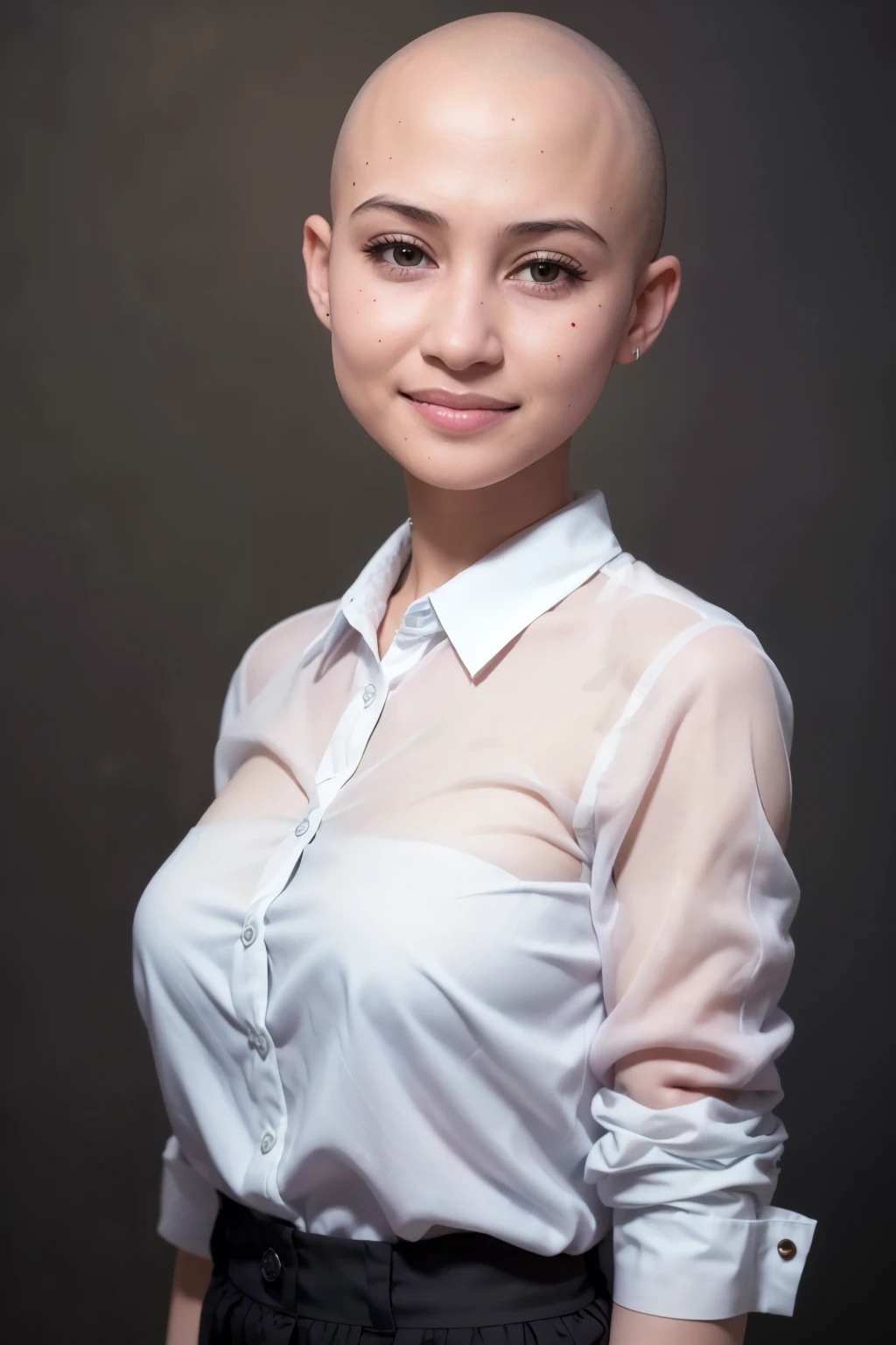 adorable, 1 girl, (face to face), , baby face, hf body portrait, (face details: 1), (eye details:1), ((big breasts)). wearing transparency long shirt, .. Cute posed. proportional body. Ultra High Res. realistic: 1.4, UHD  (((smooth bald head)))