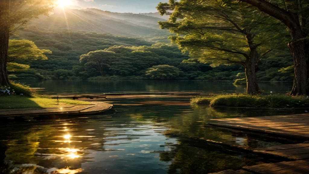 Create serene and inspiring landscape images, Natural flower forest, three, lake, sun, Zen natural landscape, High resolution