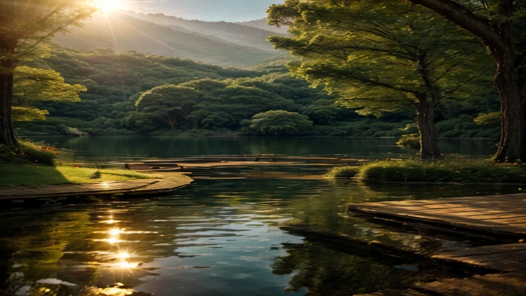 Create serene and inspiring landscape images, Natural flower forest, three, lake, sun, Zen natural landscape, High resolution
