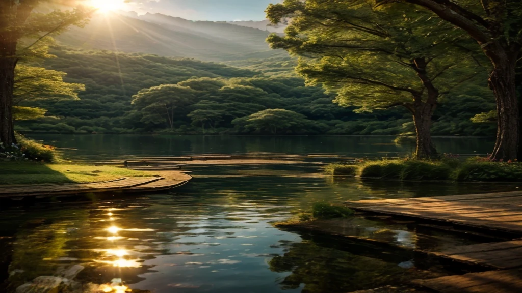 Create serene and inspiring landscape images, Natural flower forest, three, lake, sun, Zen natural landscape, High resolution