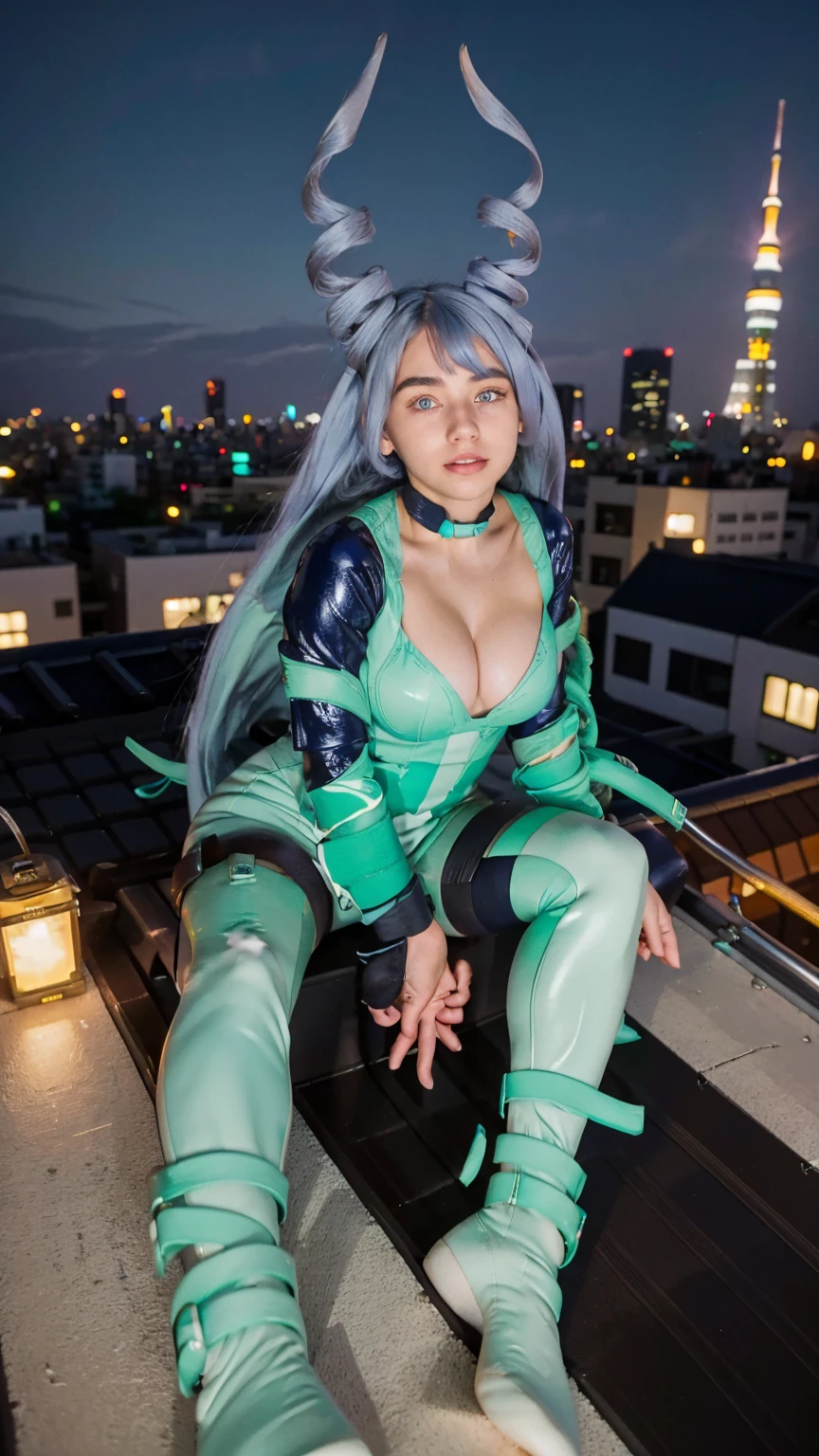 Masterpiece, Best quality, (photorealistic1.4), (UHD), (big breast), (show abs), (flashphoto), (flash photography), (cleavage), (European model), (young woman), (JenniferConnelly90), (epiCRealLife:1.0), (night time), (Nejire latex bodysuit), 1girl, solo, long hair, blue eyes, (blue hair), (hair bangs), (drill hair, twin drills), (Nejire Hairstyle), hair horns, very long hair , light blue hair, (Nejire Yellow gloves), (look at viewers), (Nejire light smile), (lying on rooftop), (tokyo cityscape), (sitting on roof), (from behind) ( (Tokyo rooftop), close up)