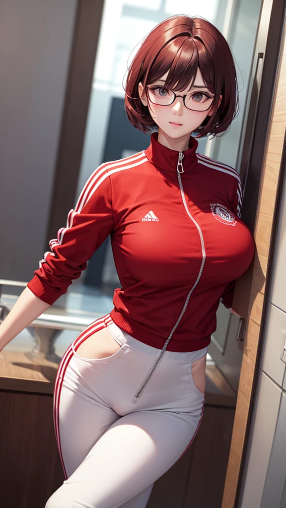 woman with short red hair, white eyes, glasses, tall body, big breasts, wearing a sexy tracksuits, in the school