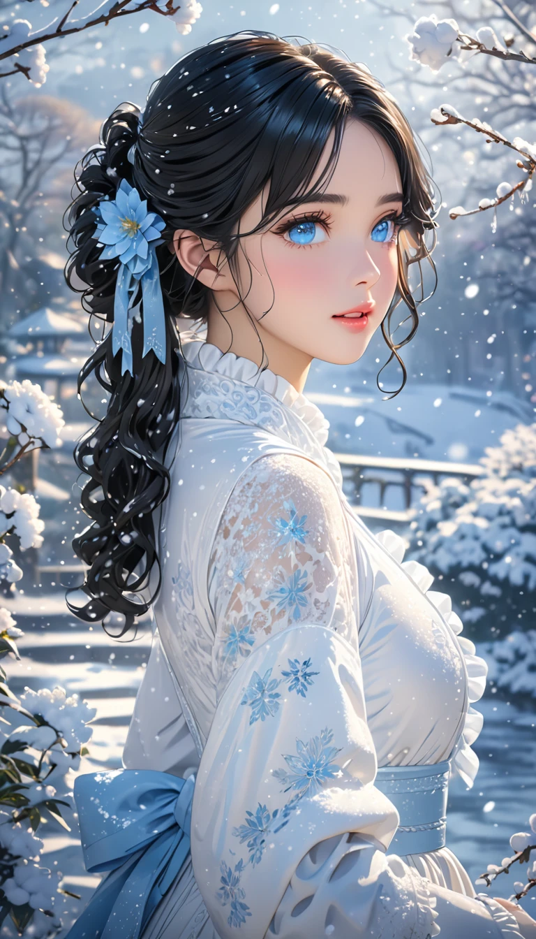 (((masterpiece))),best quality,illustration,4k wallpaper,movie lighting,absurd,1 girl,(snow,ice),snow flower,in winter,black hair,shiny hair,curls,blue eyes,white clothes,frills,lace,wet clothes,leave_Shoulder,hair tie,masterpiece,telephoto lens,absurd,Exquisite face,features,natural light,soft light,(Seven-part combination),epic,Dreamy and magical,mystery,