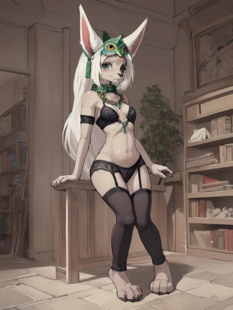 toddler, art by dagasi, Uploaded to e621.net, (Pixelsketcher), (wamudraws), (masterpiece), (HD), (high res), (feet visible), (furry anthro), (detailed fur), (detailed shading), (beautiful render art), mineru, ((zonai)), white hair, long hair, fluffy ears, collar, necklace, mask, small feline snout, anthro goat, black skin, furry, (light color fur), big ears, fox ears, (beautiful eyes, green eyes), [(slim figure, flat chest, skinny)], (curvy hips), (3 toed paws:1.5), wearing zonai lingerie, zonai lace bra,