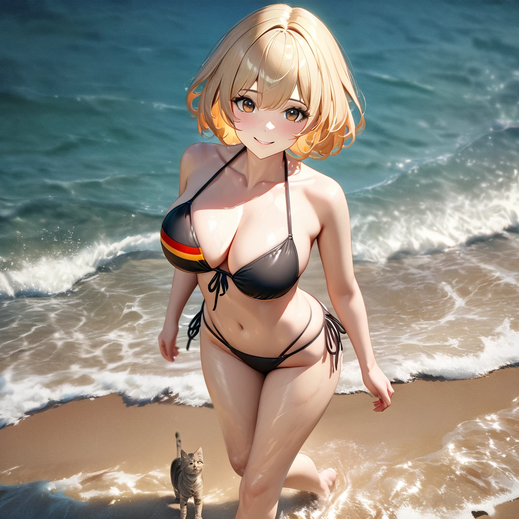 A woman wearing a beach bikini, a bikini with a German flag print, big breasts, walking on the beach sand, water touching her legs, standing, blonde hair, short hair, red bangs, multi-colored hair, brown eyes, smiling, face perfect, perfect eyes, realistic sea, beach cover in the background, wide view of the sky and sea, .(solo cat) ,UHD , prime work , accurate , anatomically correct , textured skin , super details , high quality , best quality, 8k, high resolution, bokeh effect, close view.