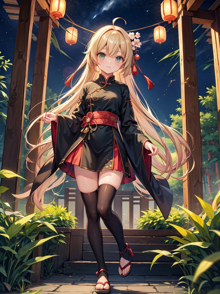 chinese_dress,odango_hair,zettai_ryoiki,night,moonlight,starlight,beautiful_sky,bamboo_forests,firefly,full_body,beautiful_bronde_hair,beautiful_light_green_eyes,ahoge,1_beautiful_girl,cute_face,beautiful,perfect_quality,perfect_anatomy,perfect_body,masterpiece,chinese_house