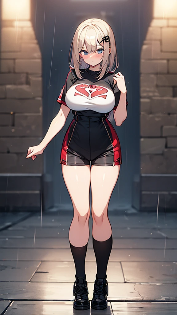 Full body image, front, One girl, 18-year-old, Mix 4, (32K, RAW Photos, Highest quality, masterpiece:1.2), (Anime-like, photoAnime-like:1.37), cute, Short sleeve T-shirt,Shorts,Black knee socks, night, rain, Humidity, Professional Lighting, Photon Mapping, Radio City, Physically Based Rendering, Super Resolution, (Big Breasts:1.2), {{The biological weapon that had preyed on the younger sister took her place and reunited with the older brother, The rebellious little sister has become the obedient little sister}}, Girl Skull, whole body, NSFW