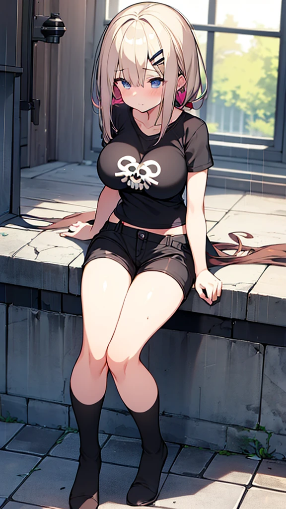 Full body image, front, One girl, 18-year-old, Mix 4, (32K, RAW Photos, Highest quality, masterpiece:1.2), (Anime-like, photoAnime-like:1.37), cute, Short sleeve T-shirt,Shorts,Black knee socks, night, rain, Humidity, Professional Lighting, Photon Mapping, Radio City, Physically Based Rendering, Super Resolution, (Big Breasts:1.2), {{The biological weapon that had preyed on the younger sister took her place and reunited with the older brother, The rebellious little sister has become the obedient little sister}}, Girl Skull, whole body, NSFW