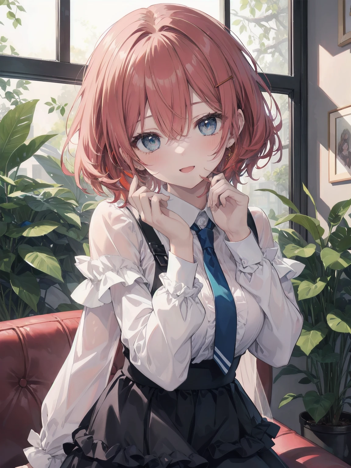 Scene Description: - Composition: Portrait. Focus on the face. Shot from the front. - Subject: Cute girl. (Chibi:1.1). Real person. - Features: - Face: (Cute round face:1.2). - Eyes: Detailed dark blue eyes. - Hair: One-leg bob-cut hair down the front with a large ribbon hairpiece, (golden hair), (red inner hair), auburn hair, hair between the eyes. - Body: Detailed slender body. Large breasts. - Clothing: Pink ruffled blouse, flares, blue ribbon tie, long ruffled sleeves, layered skirt. - Expression: happy expression. Mouth open. - Pose: head tilted back. She is looking at the viewer. - Background: living room of a trendy café. - Elements: Houseplants. Cute pastel sofa. Cute pastel curtains. Cute pastel-colored wallpaper. Time: Daytime. Lighting: (Natural light: 1.4). Art Style: Watercolor. Traditional media. Quality: Intricate details. Highly detailed. Outstanding complexity. (Masterpiece: 1.2). (Highest quality: 1.2). (Absurd absolute resolution: 1.4). Mood: Calm,