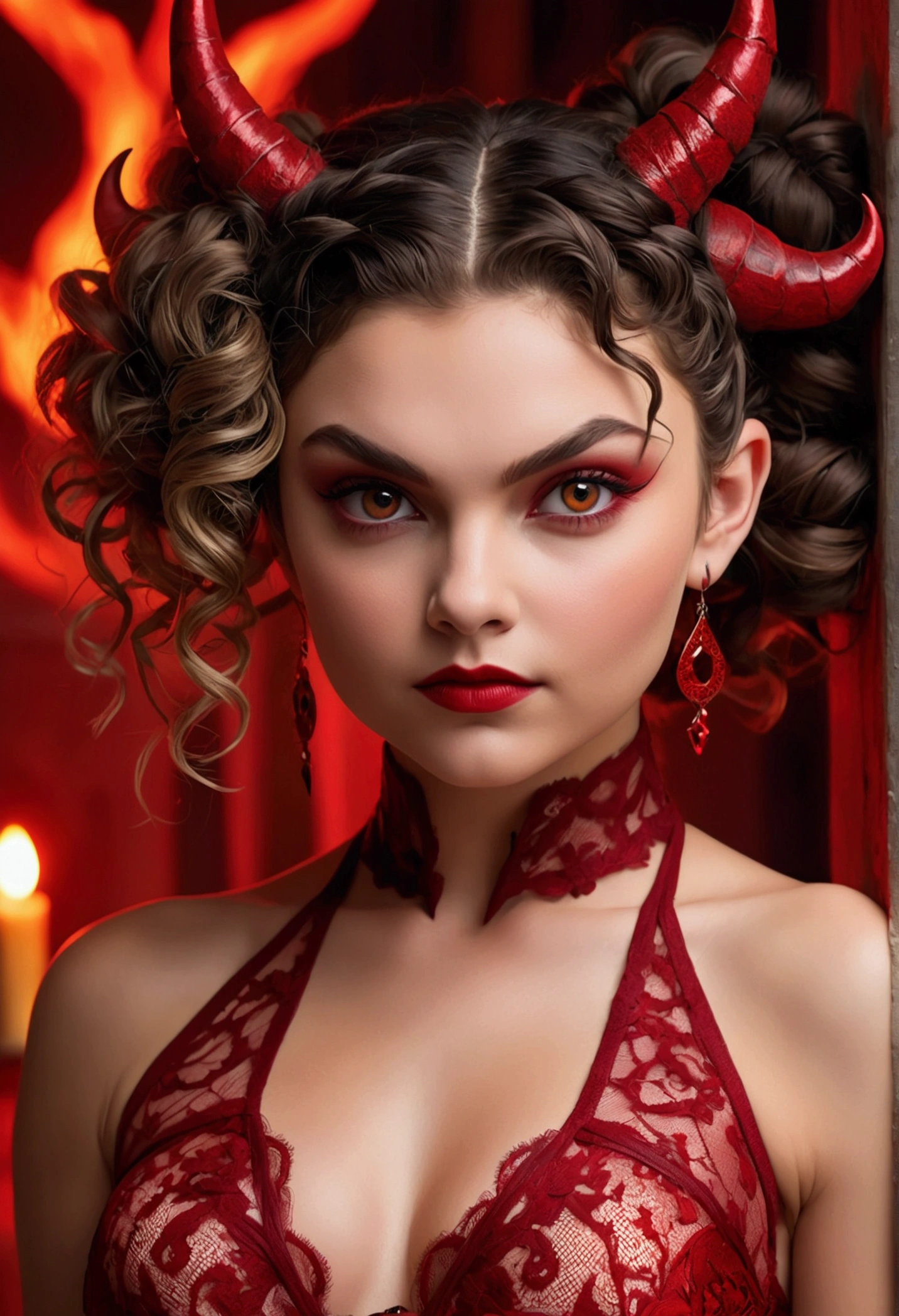Full body shot Camren Bicondova devil, ringlets wavy five feet long black hair, updo hairstyle with ponytail on one side and long hairpins holding the bun long braid, strong thighs, dark red glossy lips, heavy red eye shadow long red eyeliner, long sharp claws, red lace beautiful and creative devil bodysuit, huge cleavage, devil horns, no earrings, no earrings, no earrings, no jewels, beautiful forehead lace ornament, posing in a feminine devil hell, happy expression, red ambience night time fire lights. No faces on her chest!
