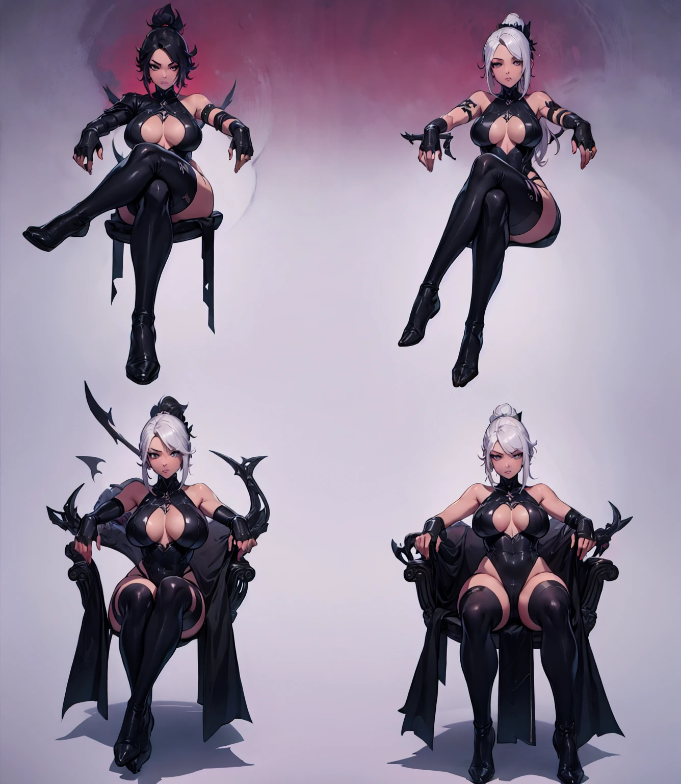 a close up of a person in a black outfit sitting on a chair, dark witch character, various poses, pitch black skin, 8 k character concept art, 8k character concept art, in fighter poses, different poses, 8 k character details, character posing, strange poses, 3 d render character art 8 k, various pose, character posing for concept art, epic poses