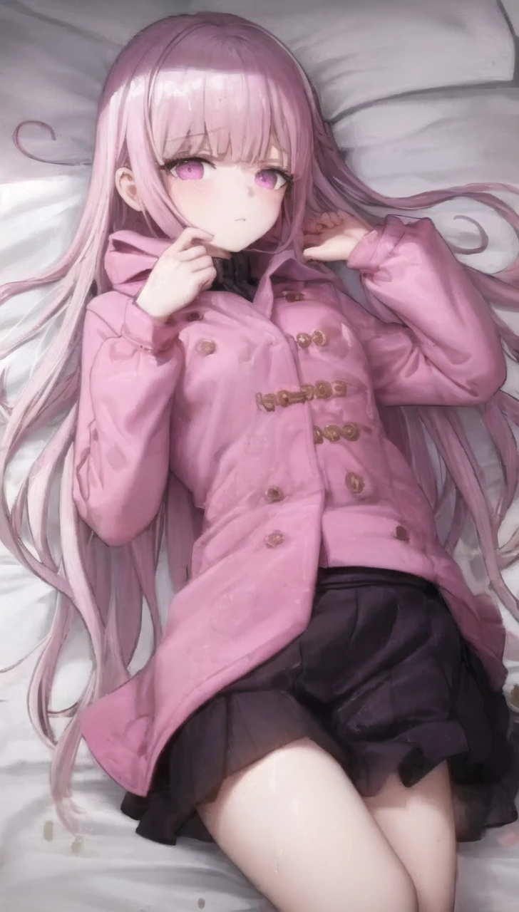 a girl laying in bed, wearing a pink buttoned raincoat, covered in mud, mud splatters, embarrassed expression on her face