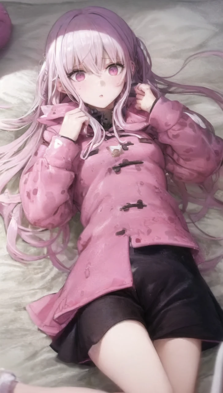 a girl laying in bed, wearing a pink buttoned raincoat, covered in mud, mud splatters, embarrassed expression on her face