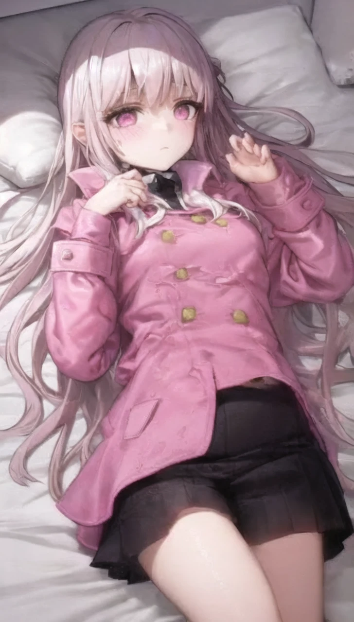 a girl laying in bed, wearing a pink buttoned raincoat, covered in mud, mud splatters, embarrassed expression on her face