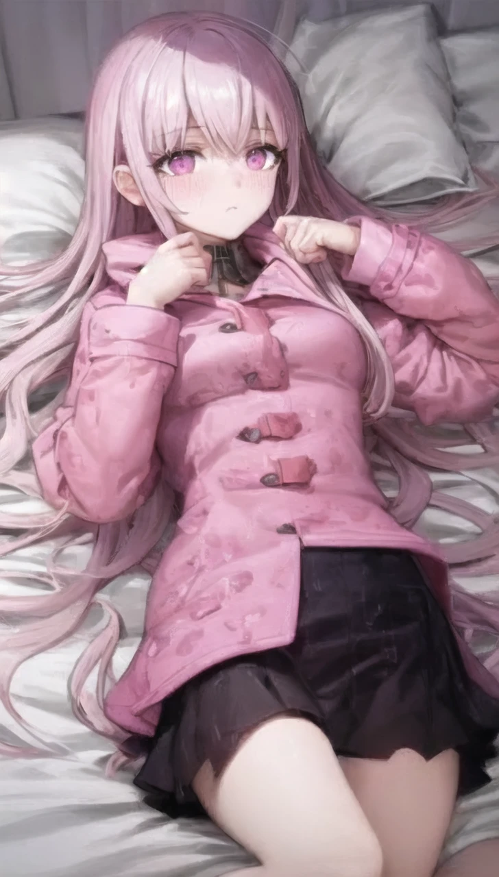 a girl laying in bed, wearing a pink buttoned raincoat, covered in mud, mud splatters, embarrassed expression on her face