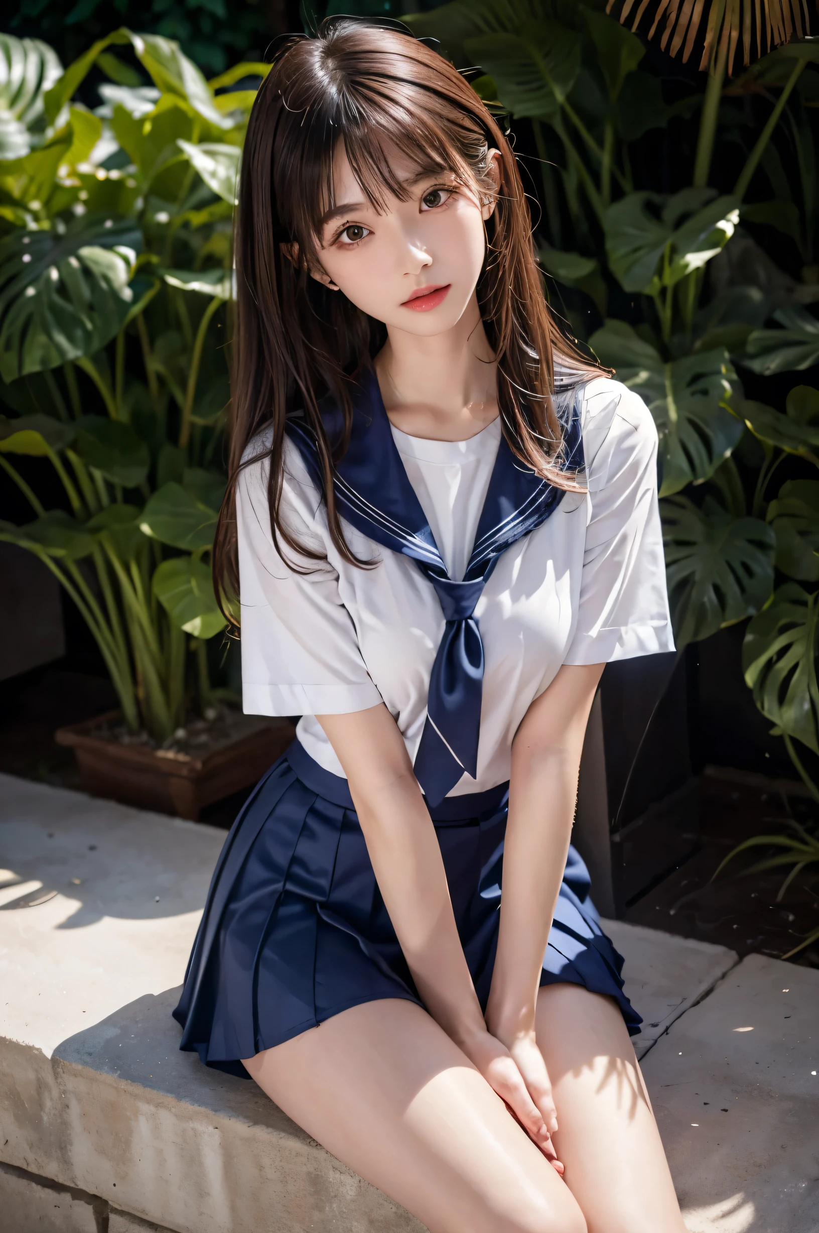 (ultra HD), (White short sleeve shirt, Sailor suit, Navy blue mini skirt, Tight fit), Big Breasts, Slender, whole body, (Clean and shiny skin, Whitening, No makeup), (超Slenderな顔立ち, Super beautiful face, Delicate face), (long hair, Layered Cut, Fluffy hair,light brown), (Patchy double eyelids, Slanted Eyes), Small Nose, Thin lips, Thin legs, Schoolyard
