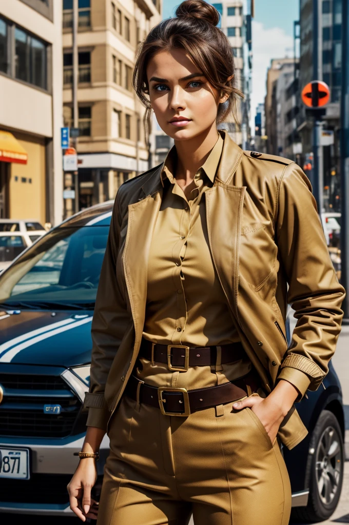 A tall detective woman ,strong , muscular,epic curves, beautiful hips ,blue eyes ,brown bun hair,brown pants with golden belts , a khaki black shirt name written Fatima with bold font neon color , beige jacket , posing near the police cruiser , sunny day , busy street