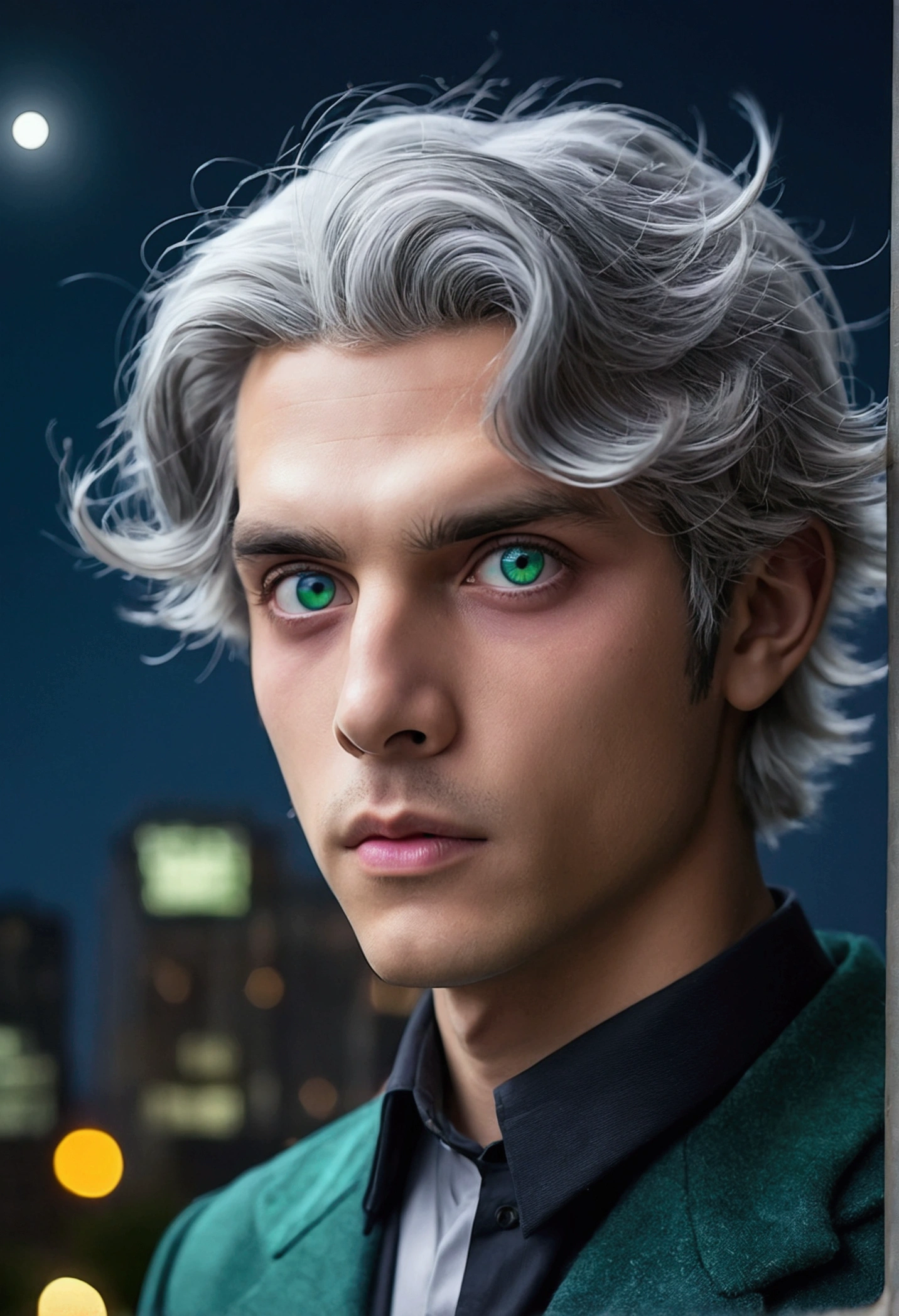 masterpiece, best quality, ((((1man)))), (colorful),(finely detailed beautiful eyes and detailed face),cinematic lighting,extremely detailed CG unity 8k wallpaper, sky, cloudy_sky, building, moonlight, moon, night, (dark theme:1.3), light, fantasy, ((heterochromia)) ((Blue and Green eyes)) ((Gray Hair)) ((boy))