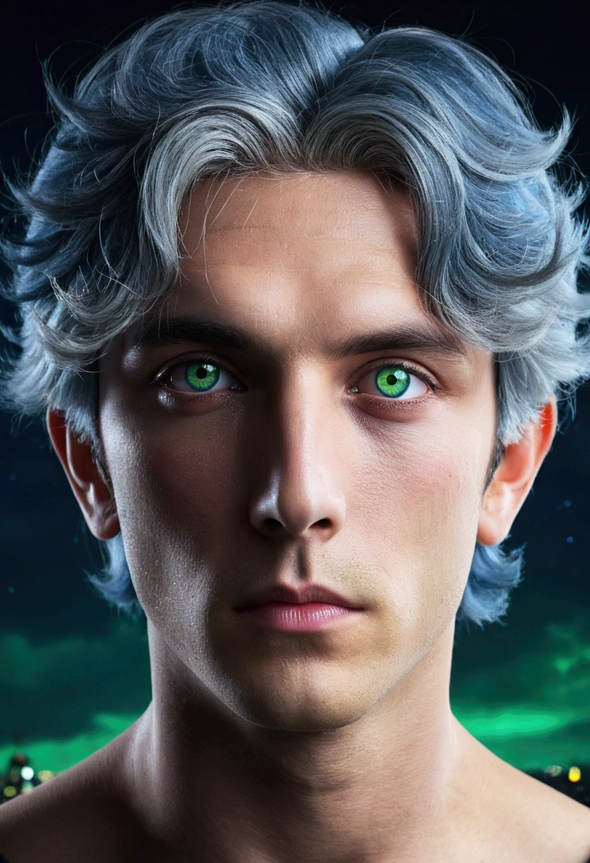 masterpiece, best quality, ((((1man)))), (colorful),(finely detailed beautiful eyes and detailed face),cinematic lighting,extremely detailed CG unity 8k wallpaper, sky, cloudy_sky, building, moonlight, moon, night, (dark theme:1.3), light, fantasy, ((heterochromia)) ((Blue and Green eyes)) ((Gray Hair)) ((boy))