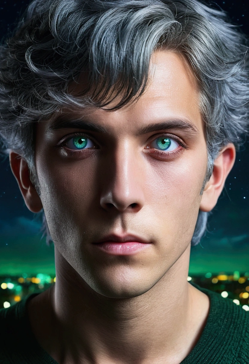 masterpiece, best quality, ((((1man)))), (colorful),(finely detailed beautiful eyes and detailed face),cinematic lighting,extremely detailed CG unity 8k wallpaper, sky, cloudy_sky, building, moonlight, moon, night, (dark theme:1.3), light, fantasy, ((heterochromia)) ((Blue and Green eyes)) ((Gray Hair)) ((boy))