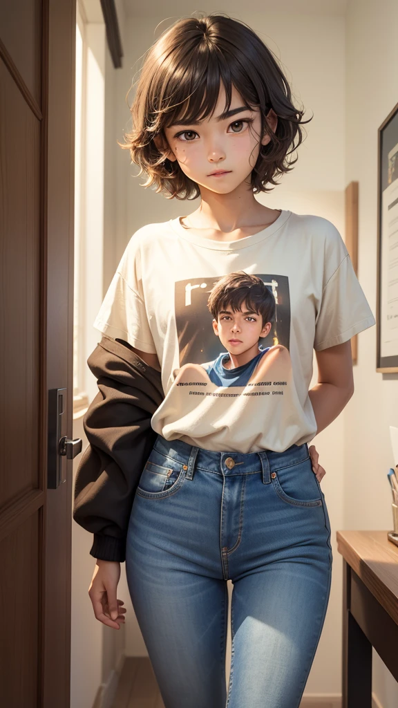 A 13-year-old boy student of average height (approximately 172 cm) with dark brown hair. Her eyes are light brown like honey and, when he uses his powers, they shine with a faint glow. Wear casual and comfortable clothing: jeans and t-shirts in neutral and light colors. The expression on his face is relaxed and friendly., transmitting a feeling of confidence and serenity.