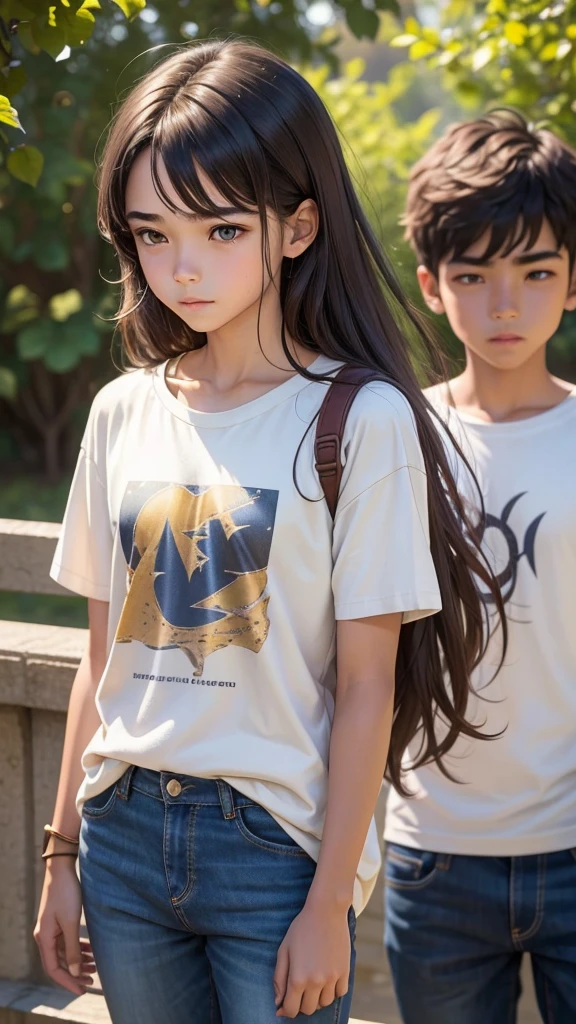 A 13-year-old boy student of average height (approximately 172 cm) with dark brown hair. Her eyes are light brown like honey and, when he uses his powers, they shine with a faint glow. Wear casual and comfortable clothing: jeans and t-shirts in neutral and light colors. The expression on his face is relaxed and friendly., transmitting a feeling of confidence and serenity.