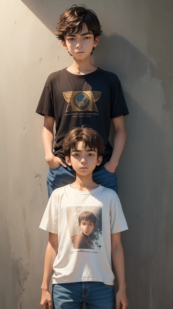 A 13-year-old boy student of average height (approximately 172 cm) with dark brown hair. Her eyes are light brown like honey and, when he uses his powers, they shine with a faint glow. Wear casual and comfortable clothing: jeans and t-shirts in neutral and light colors. The expression on his face is relaxed and friendly., transmitting a feeling of confidence and serenity.
