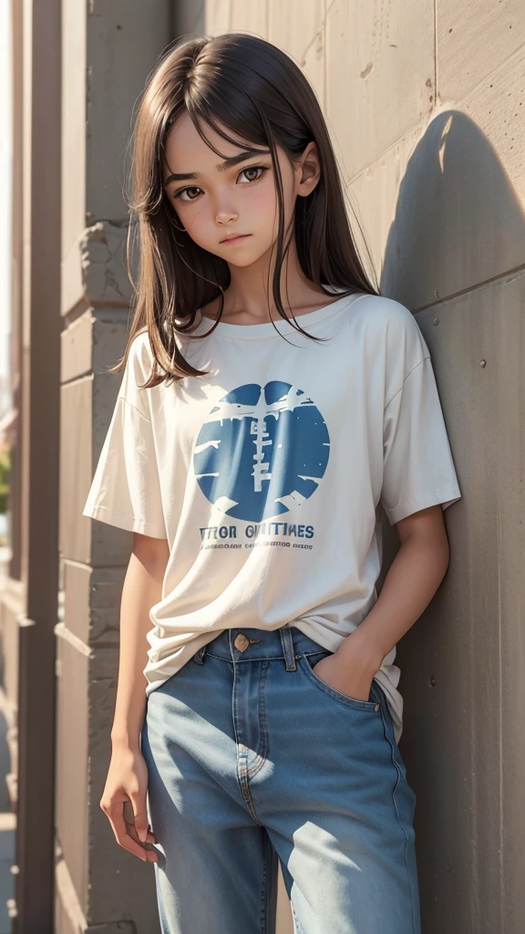 A 13-year-old boy student of average height (approximately 172 cm) with dark brown hair. Her eyes are light brown like honey and, when he uses his powers, they shine with a faint glow. Wear casual and comfortable clothing: jeans and t-shirts in neutral and light colors. The expression on his face is relaxed and friendly., transmitting a feeling of confidence and serenity.