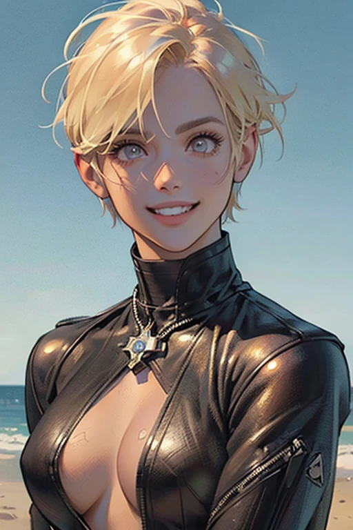 (rule of thirds:1.4), ((ultra realistic illustration:1.2)), Athletic blonde woman, (short hair), tomboy, cute, ((smile)), Sexy. Mascara, turtleneck blouse, leather jacket, skinny jeans, high heels.Masterpiece, best quality,(highly detailed:1.2),(detailed face and eyes:1.2), 8k wallpaper, depth of field, natural lighting. core shadows, high contrast, bokeh.