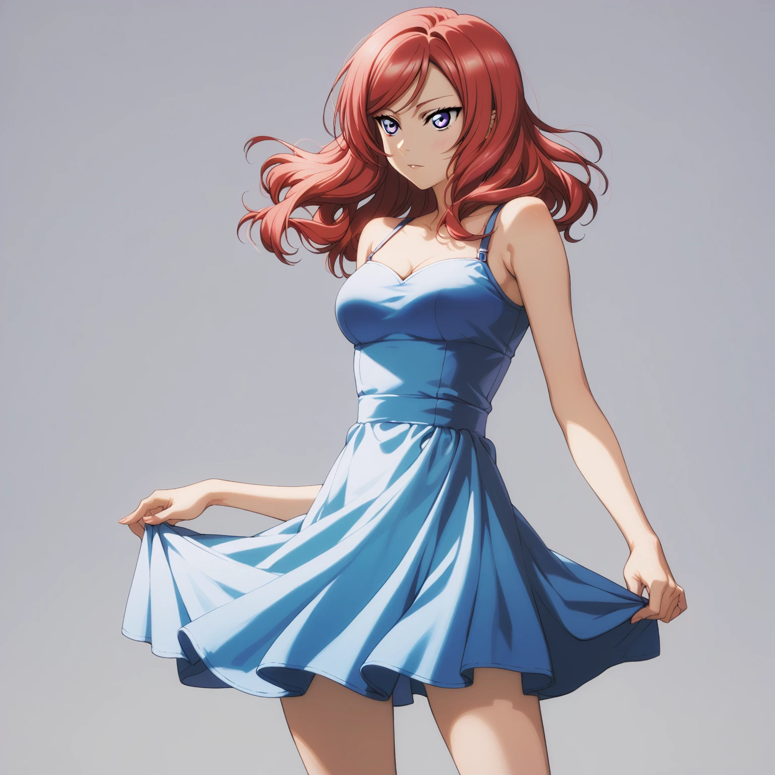 masterpiece, best quality,solo, cowboy shot,nishikino maki,red hair, purple eyes,form-fitting light blue dress , simple background , medium breasts 