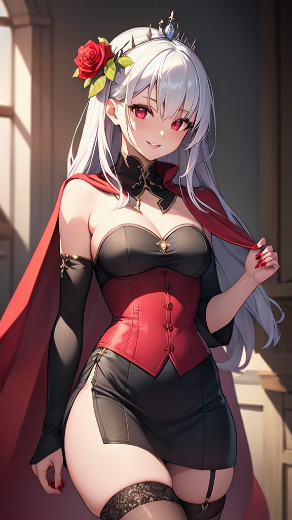 masterpiece, best quality, solo girl, light lavender hair, red eyes, long hair, medium breasts, sexy body and face, wavy hair, smile, parted lips, red lips, ribbon, crown of thorns, thorns, (red cape, dress flower), detached sleeves, hair flower, hair ornament, long sleeves, black corset, long skirt, red dress, rose, strapless dress, long skirt, thighhighs, thighlet, red nails, dress flower, black thighhighs, mksks style, beautiful background, orchestra, indoors, sexy pose, cowboy shots, sharp focus, ultra-detailed body, face, and eyes, vibrant, creative, dynamic, high definition, high resolution, 8k, (Upscale: R-ESRGAN 4x+ Anime6mage enchance:4x), voluptuous body, cinema lighting, looking at the viewer, (realistic:1.4), (beautiful detailed face, beautiful detailed eyes, volumetric lighting), 