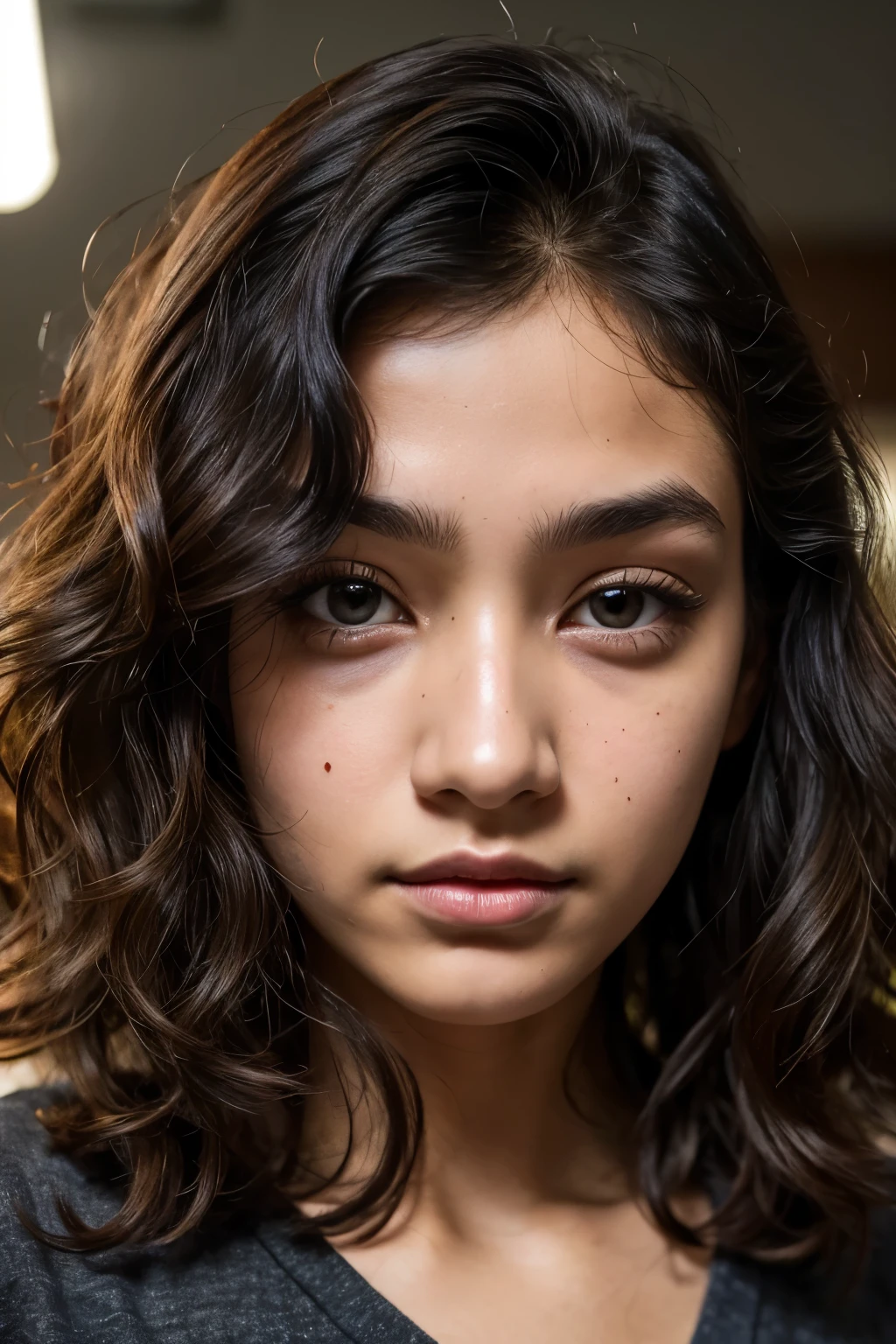 half ugly girl, dark and marked dark circles, big mole on nose, and curly hair