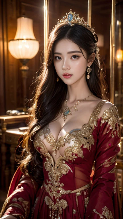 (disorganized, High resolution, super detailed), 1 girl, Constellation - Aries Goddess , alone, mature, baroque, long dress, long sleeve, elegant, colorful, most detailed, Upper body , sunset hair . eyes of fire . Brave, purposeful, productive, The face of an enterprising humanitarian .