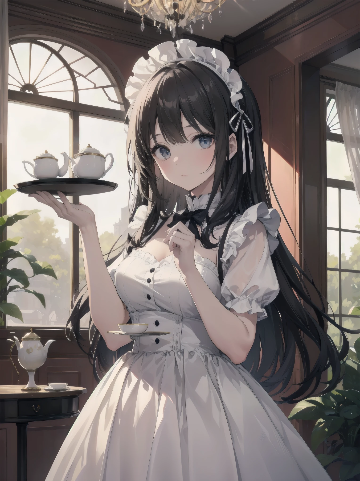 Illustration of a beautiful girl in a cute pose,(Masterpiece: 1.2), (Best quality: 1.2), A cute girl with long black hair, dressed in a classic black and white maid outfit with frilly lace and a matching headband, is standing in a beautifully decorated Victorian-style parlor. She is holding a silver tray with a teapot and teacup, her expression a mix of professionalism and warmth. The background includes ornate furniture, a chandelier, and large windows with heavy drapes, all bathed in soft afternoon light. This illustration emphasizes the elegant and welcoming atmosphere of a high-class tea service