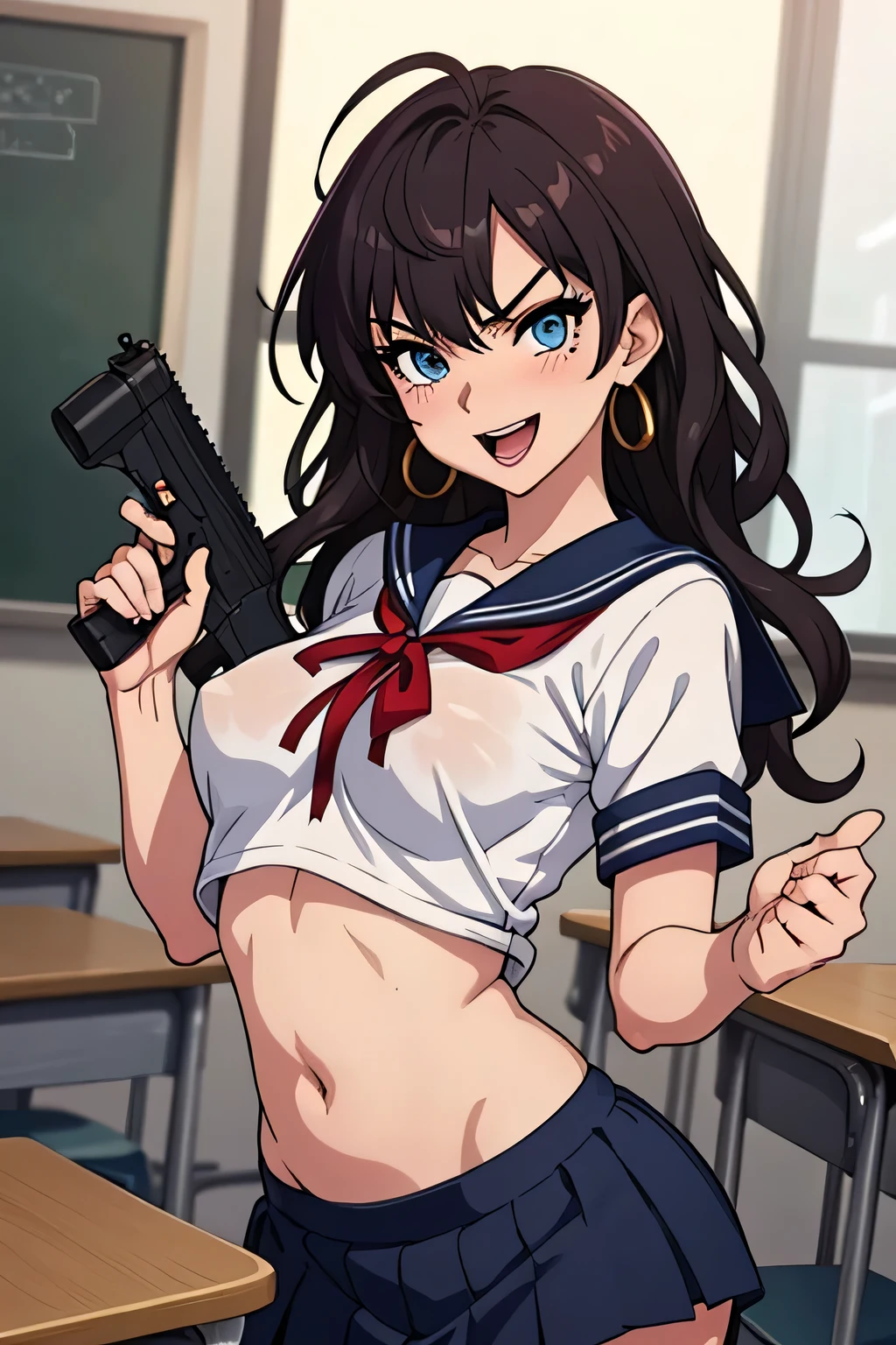 ichinose_shiki, blue eyes, (medium breasts:1.5), wavy hair, brown hair, (purple hair:0.5), earrings, jewelry, long hair, blush, lipstick, Hot girl, baddie, staring, glaring, bad attitude, mean girl, dare, angry, hate, crazy, smoking, sensual, attractive, masterpiece, best quality, highly detailed, a anime girls in sailor uniforms with a gun posing for a picture,
evil smile, smile, open mouth,black_serafuku, ecchi anime style, anime girls ,
ecchi style, ecchi, shipgirls, digital anime art!!, high school girls, holding a gun, hold a gun, anime style 4
k, micro skirt, exposed belly, exposed navel, exposed midriff, holding pistol,
exposed lower belly,school, classroom, large breast, 