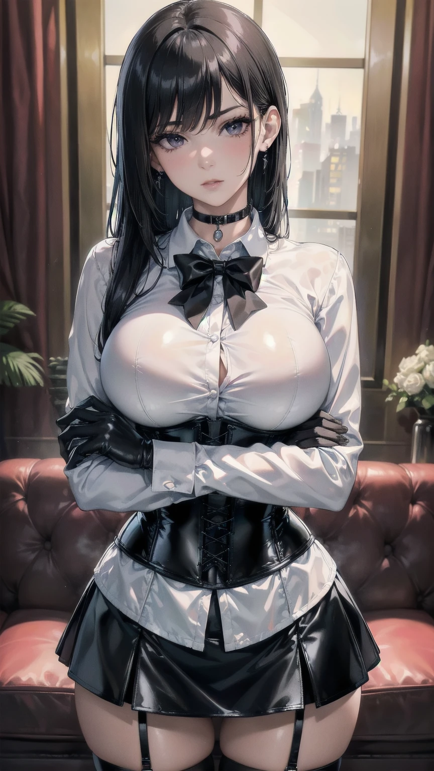 Masterpiece, Superior image quality, high resolution, 4k image,photo and gross, photorealistic, whole body, 1 girl, short stature, standing, crossed arms, {{{vagina}}}, big breasts, beautiful face, long black hair, black eyes, very detailed eyes, pink cheeks, serious expression, choker:1.6, (white collar button down long sleeve shirt), black gloves, gloves that cover hands, (black leather corset), (shiny black miniskirt), Sensual Lips, show details in the eyes, View from the front, looking at the viewer, Elegant living room, at night