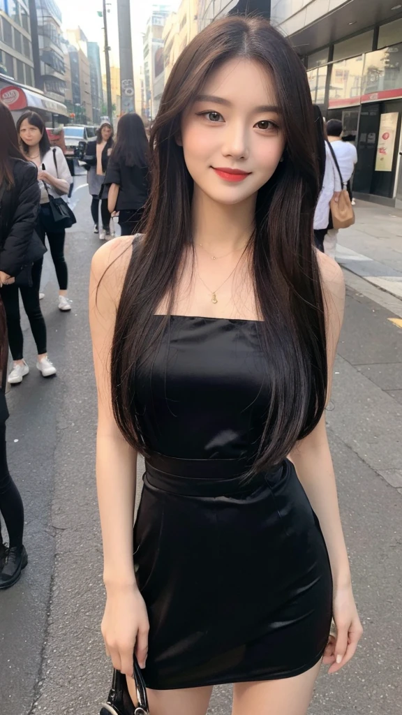 (top quality, 8K, masterpiece:1.3)), A pretty maiden，pure，oval face，Gentle and cute，sweet smile，pure，thin body，(Street)，looking directly into the camera，inner strength, formal，Black silky long, layered long hair，Long hair spread over shoulders，big deal, round, black eyes，clear big eyes，Hydrated red lips，Sweet，stand, Photographed in the city, Full body photo,