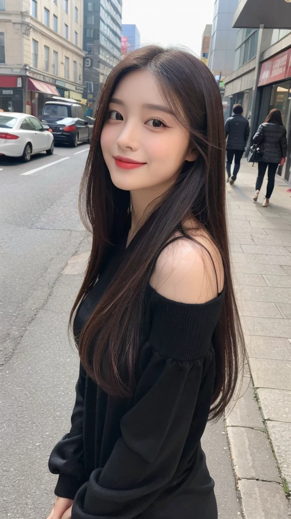 (top quality, 8K, masterpiece:1.3)), A pretty maiden，pure，oval face，Gentle and cute，sweet smile，pure，thin body，(Street)，looking directly into the camera，inner strength, formal，Black silky long, layered long hair，Long hair spread over shoulders，big deal, round, black eyes，clear big eyes，Hydrated red lips，Sweet，stand, Photographed in the city, Full body photo,