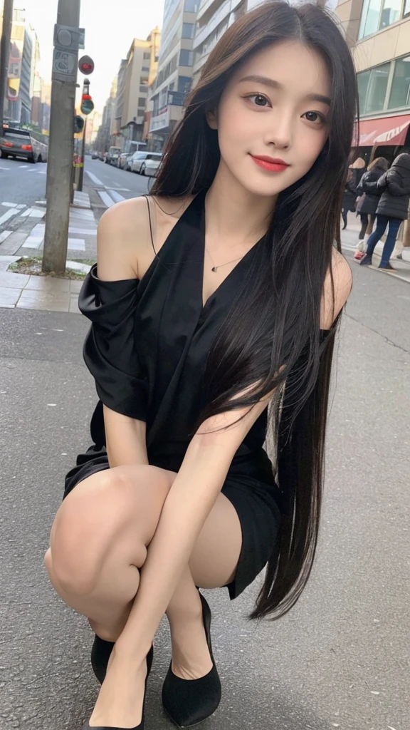 (top quality, 8K, masterpiece:1.3)), A pretty maiden，pure，oval face，Gentle and cute，sweet smile，pure，thin body，(Street)，looking directly into the camera，inner strength, formal，Black silky long, layered long hair，Long hair spread over shoulders，big deal, round, black eyes，clear big eyes，Hydrated red lips，Sweet，stand, Photographed in the city, Full body photo,