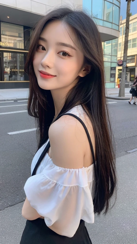 (top quality, 8K, masterpiece:1.3)), A pretty maiden,pure,oval face,Gentle and cute,sweet smile,pure,thin body,(Street),looking directly into the camera,inner strength, formal,Black silky long, layered long hair,Long hair spread over shoulders,big deal, round, black eyes,clear big eyes,Hydrated red lips,Sweet,stand, Photographed in the city, Full body photo,