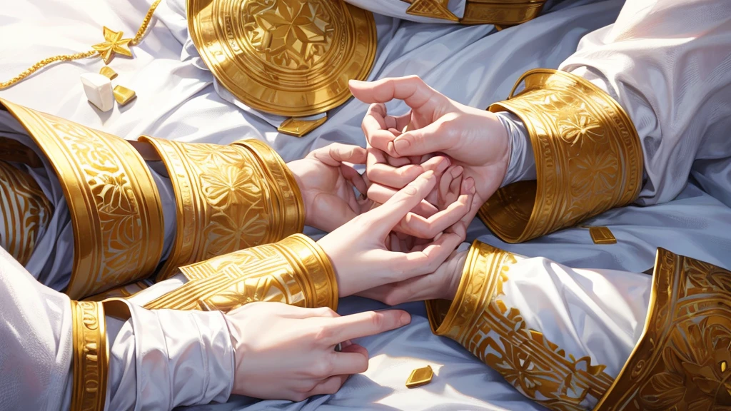 Two hands holding First hand:White skin, white sleeves Second hand: White skin, white sleeves with gold decorations