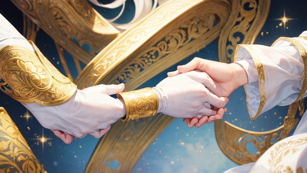 Two hands holding First hand:White skin, white sleeves Second hand: White skin, white sleeves with gold decorations