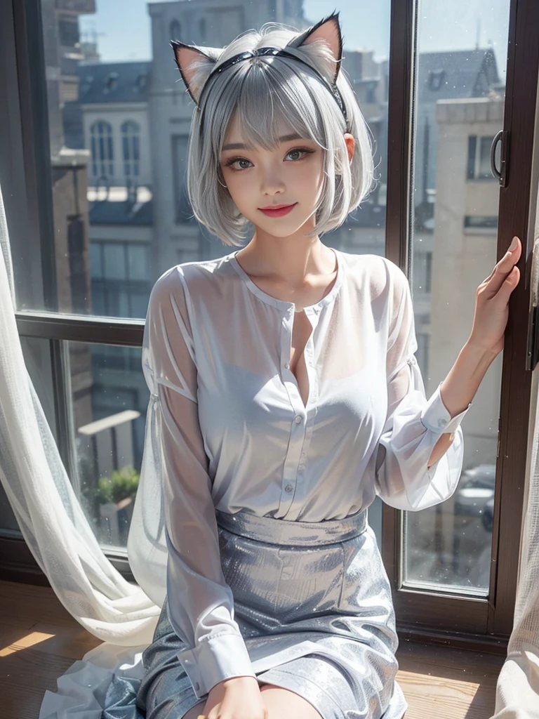 Lean on window, smile, Silver hair, bob hair, hair bang, cat ears headband, shining hair, skin pores, shining skin, sexy shirt, in room,  lovely, beautiful