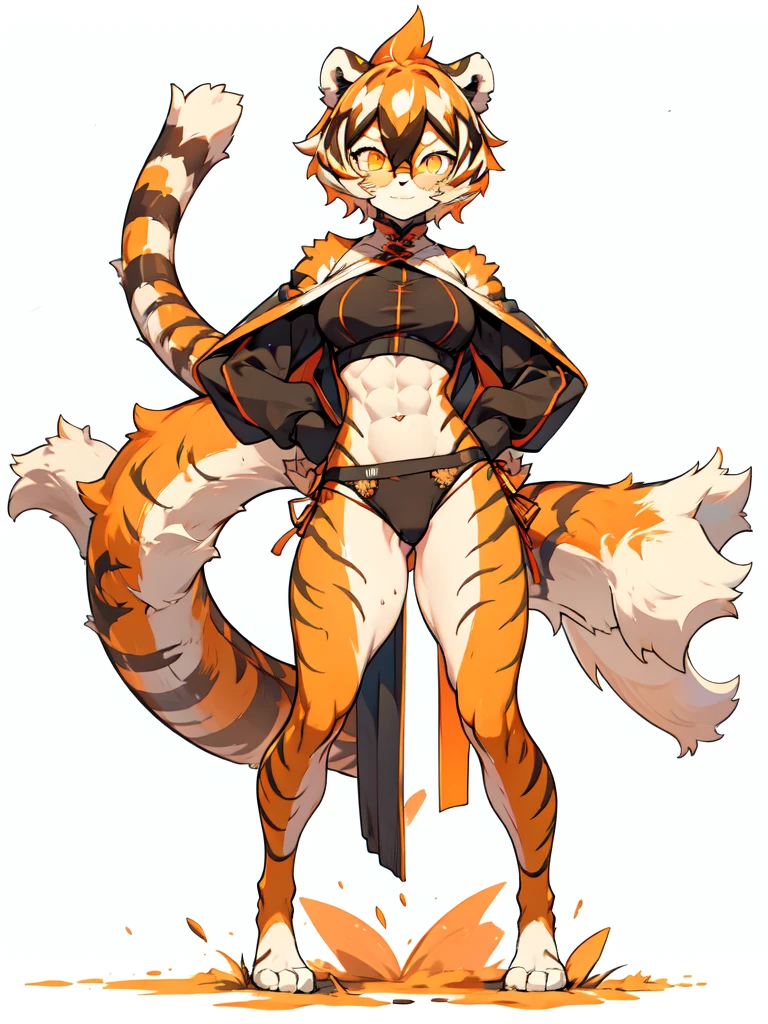 white background, full body, 1girl, solo, Standing:1.5, animal ears, white hair, black hair, short hair, large breasts, Abdominal muscles, tail, orange eyes, orange hair, multicolored hair, tiger girl, hair between eyes, tiger_ears, tiger_tail, orange-tinted_eyewear, tinted_eyewear, big breasts, evil smile, Shadows under feet, sey ass,(((sexy miniunderwear outfit:1.2)))