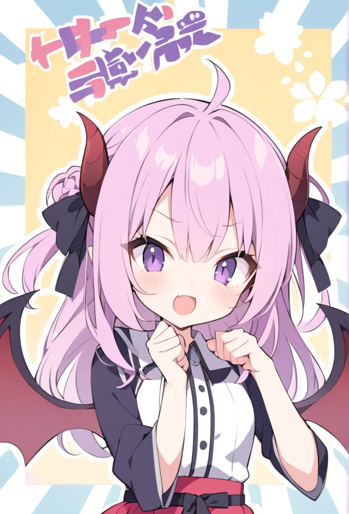 Full Vampire Wings、Peeled purple simple style color、Devil Girl、Hay horn、Anime 2D Hair、Purple pink small eyey Hero Pose、Complete tail、My Hero Costume、My Hero Style with an adult look blushes, Japanese illustration style,