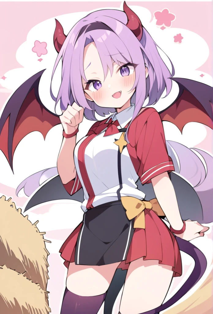 Full Vampire Wings、Peeled purple simple style color、Devil Girl、Hay horn、Anime 2D Hair、Purple pink small eyey Hero Pose、Complete tail、My Hero Costume、My Hero Style with an adult look blushes, Japanese illustration style,
