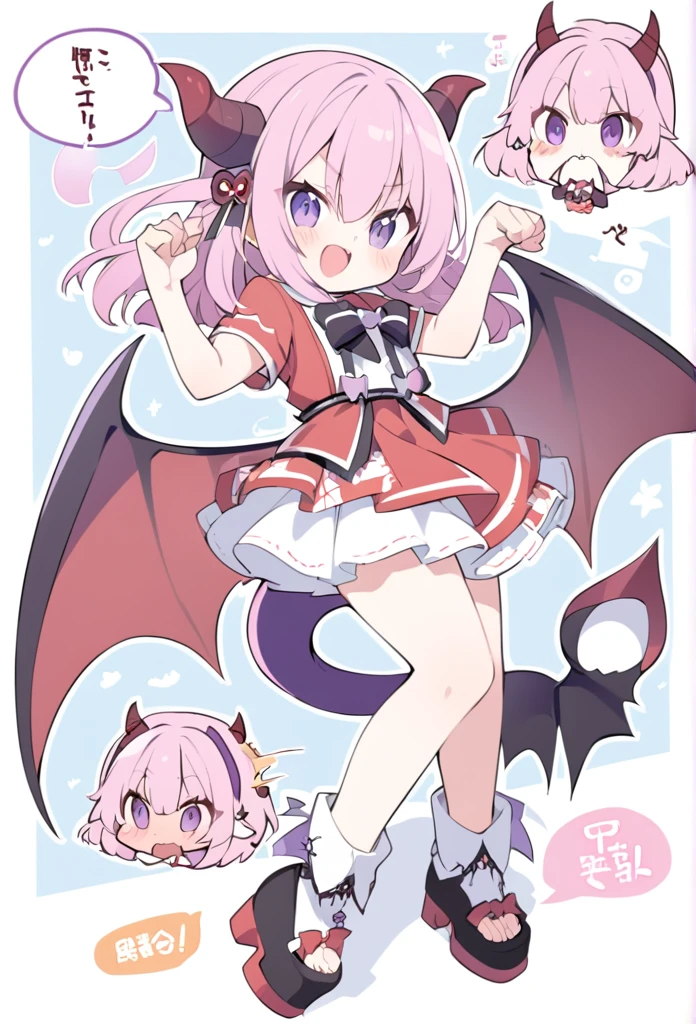 Full Vampire Wings、Peeled purple simple style color、Devil Girl、Hay horn、Anime 2D Hair、Purple pink small eyey Hero Pose、Complete tail、My Hero Costume、My Hero Style with an adult look blushes, Japanese illustration style, 