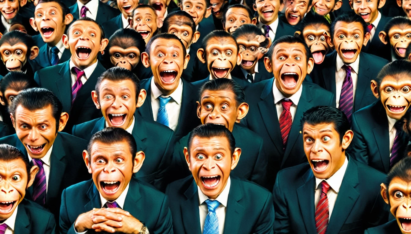 A vibrant scene where a group of monkeys, aliens, and humans are enjoying social media together. The group showcases a variety of emotions: some are crying, some are angry, some are making money, and others are laughing. The background should be lively, reflecting the dynamic interactions and emotions of the characters.